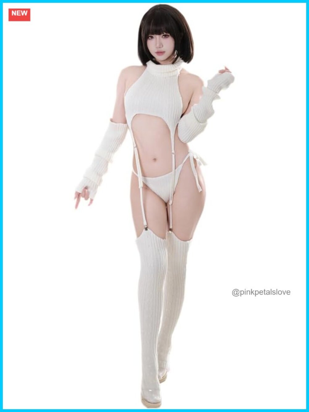 Backless High Neck Knit Cosplay Top Set with Arm Covers & Thigh-High Socks